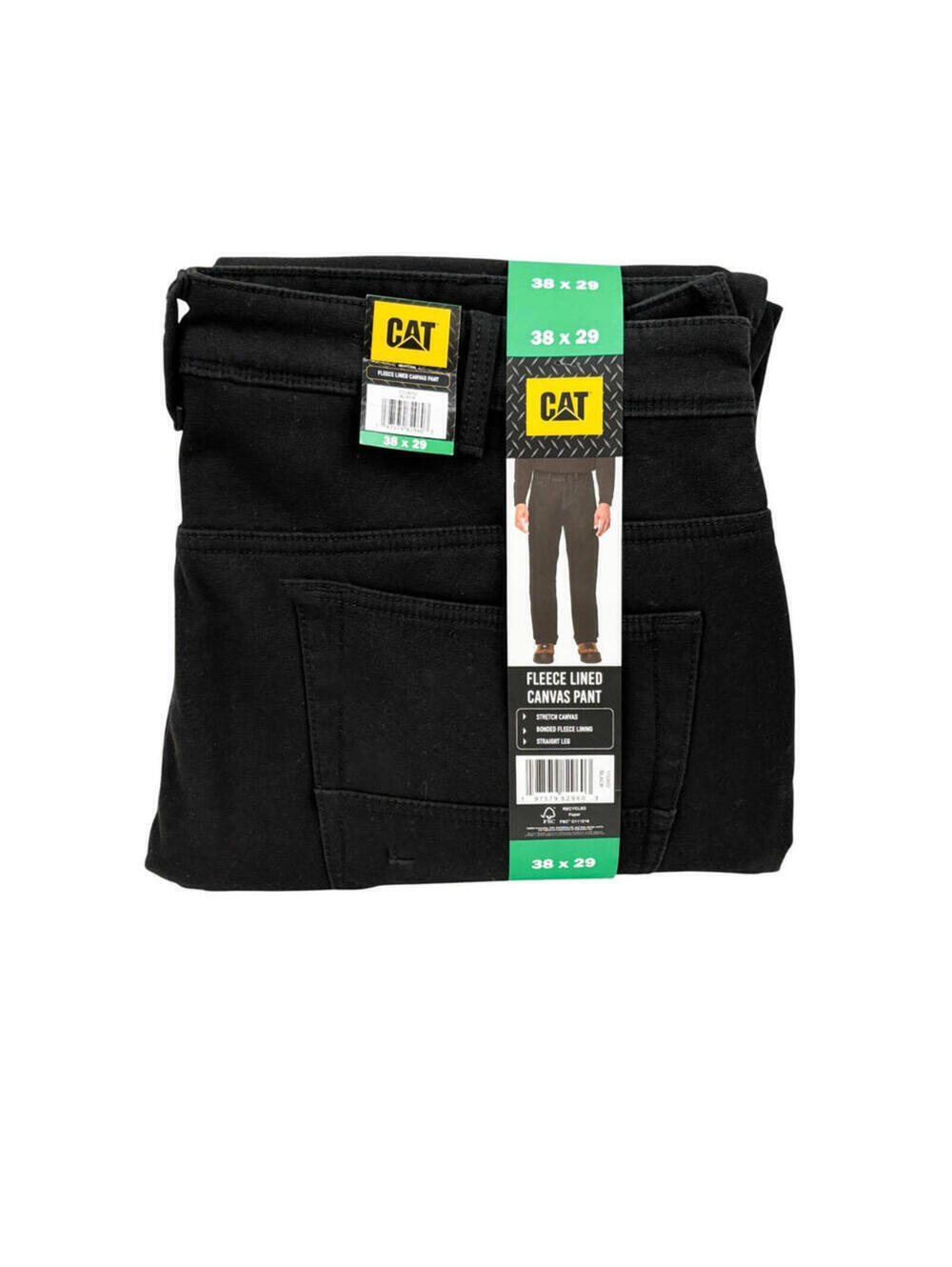 CAT Fleece Lined Canvas Pants Mens Size 38 x 29 Black Insulated Stretch